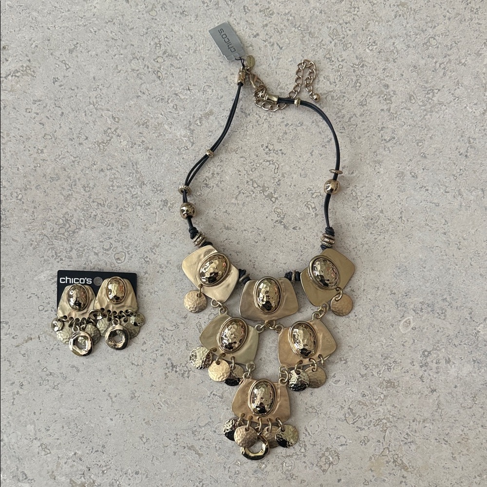 Chico's Gold-Tone Layered Medallion Necklace with Matching Clip-On Earrings